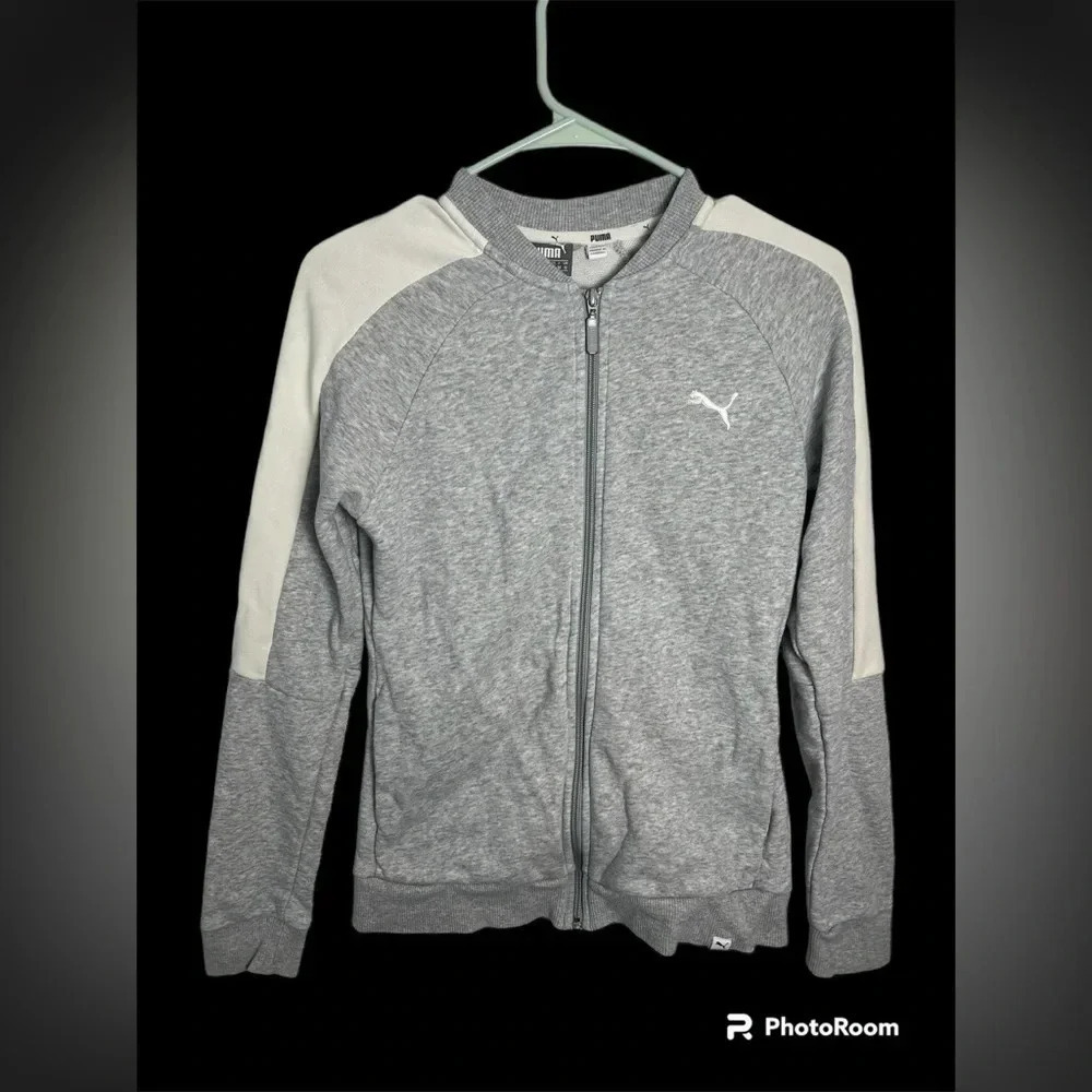 Puma Sweatshirt Full Zip Y2K Sports Jumper, Grey, Womens S